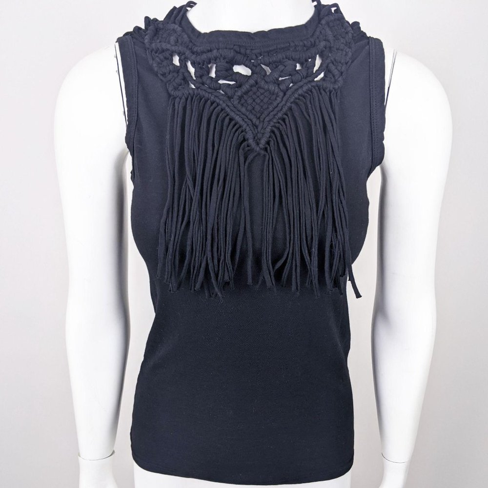 Pam & Gela Fringe Tank Top XS Black Crew Neck